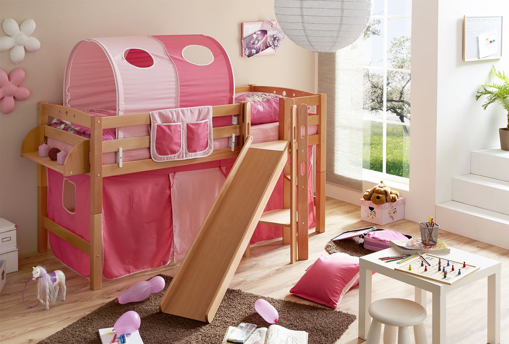 Podestbett mit Rutsche "Tino" Buche Natur Classic (Rosa-Pink)