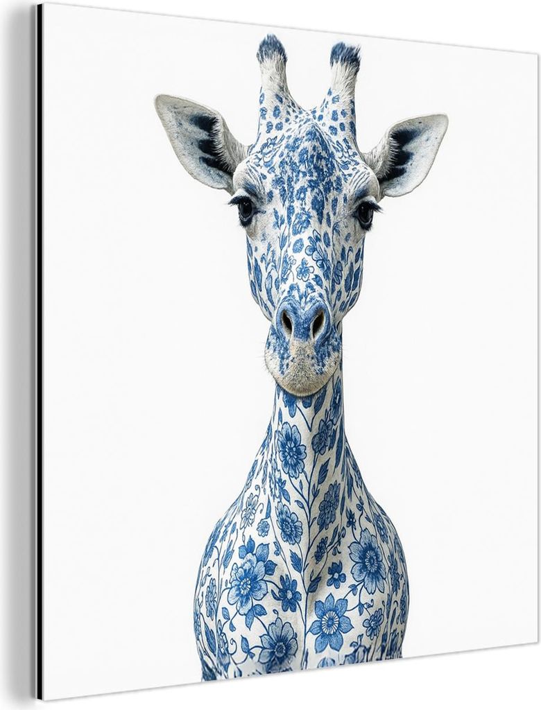 MuchoWow Wanddekoration Metall Metallbild Wandkunst 20x20 cm Giraffe - Delfter Blau - Tiere - Minimalistisch MuchoWow Aluminium Gemälde - Alu Dibo...