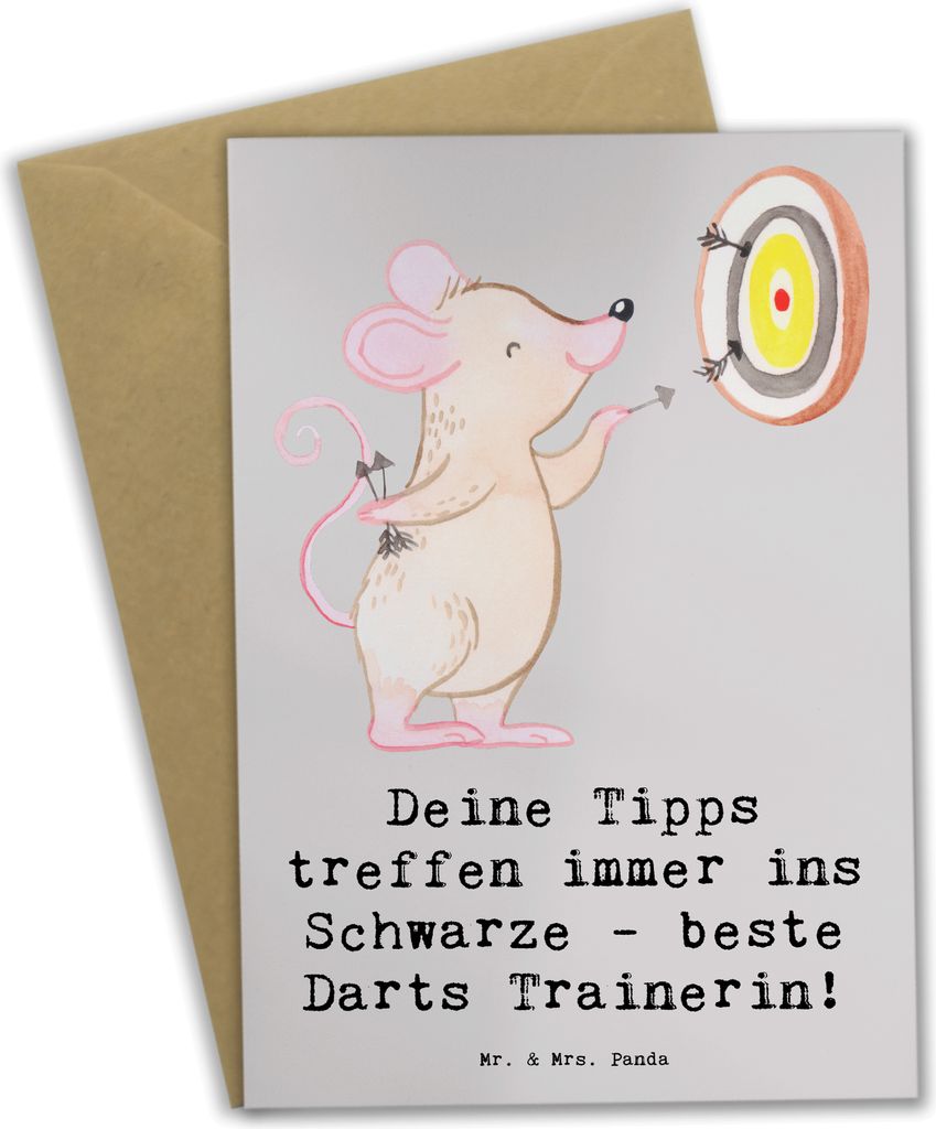 Mr. & Mrs. Panda babykarte Beste Darts Trainerin - Grau Pastell - Geschenk, Sportart, Dankbarkeit, weihnachtskarten, Praktisch, Geschenkidee, Danks...
