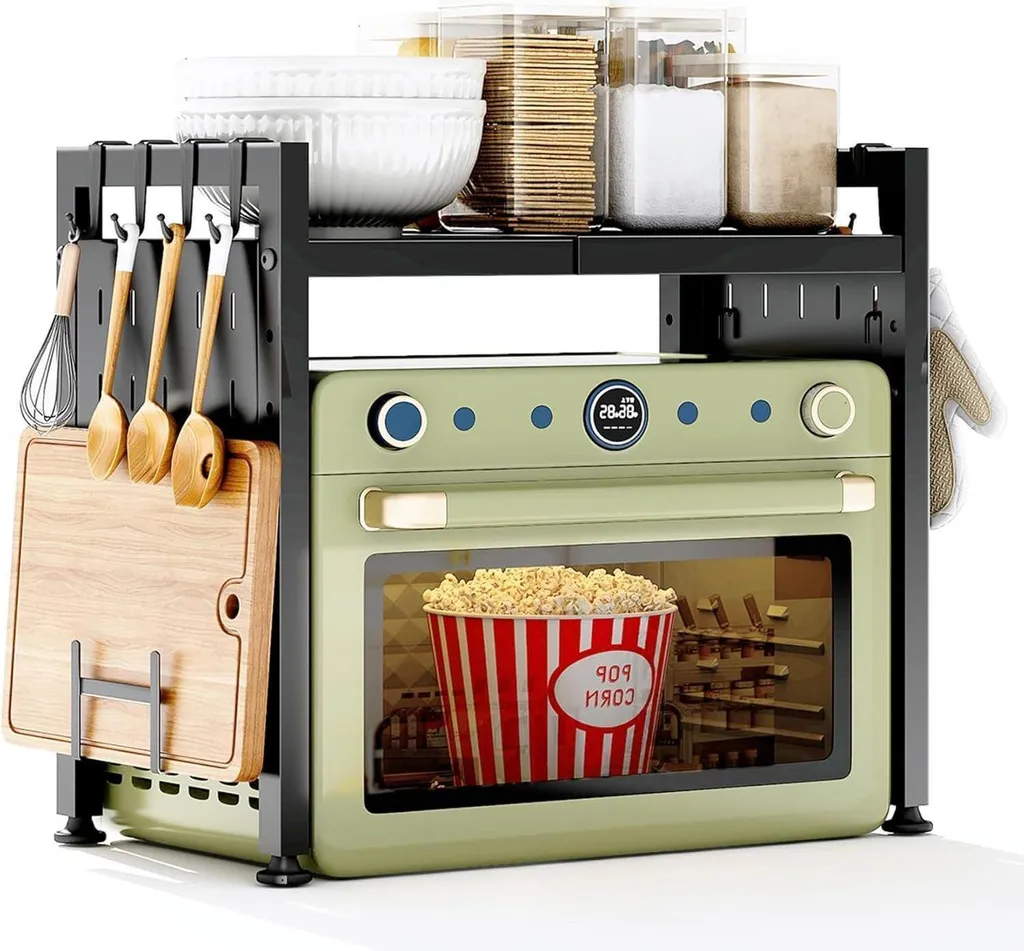 Support micro-ondes extensible en métal noir pour rangement de cuisine