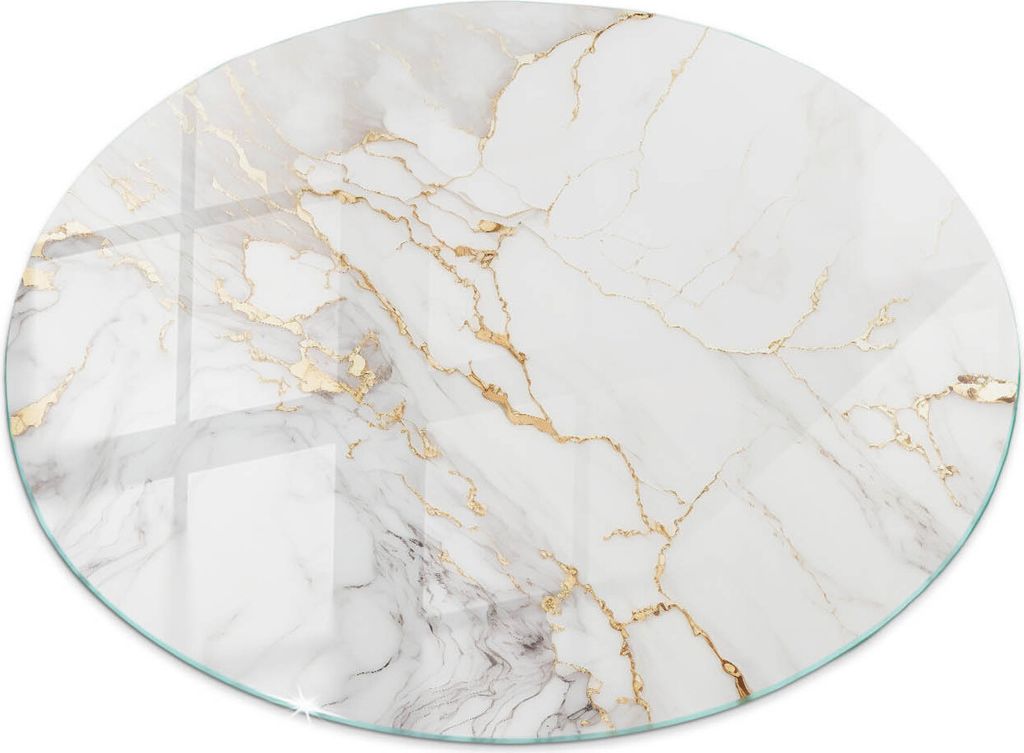 A round glass tabletop with a marble pattern and gold veins.