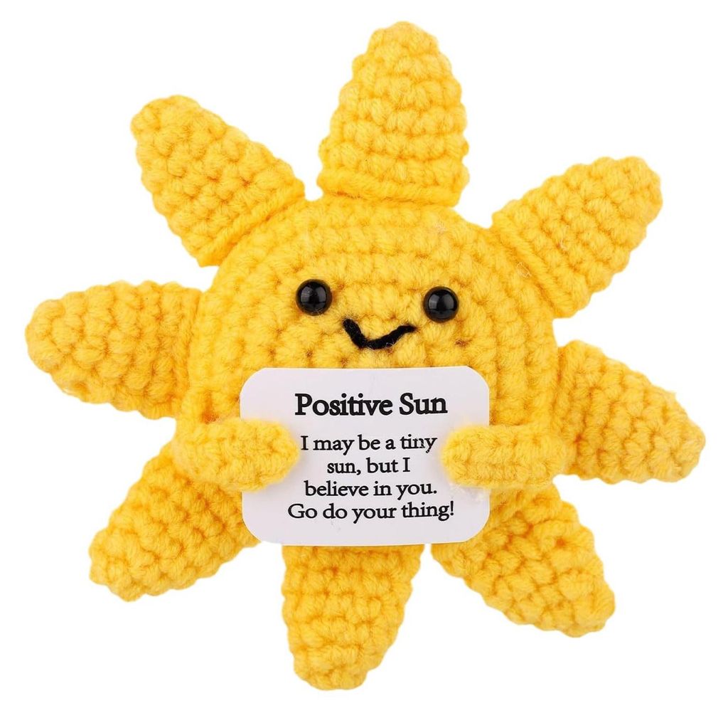 Mini-Häkelpuppe „Positive Sonne“ – Emotionale Unterstützung – Handgestricktes Cartoon-Plüschtier – Tischdekoration