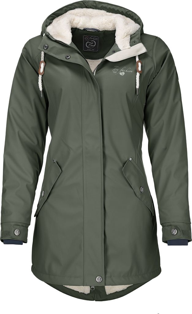 Dry Fashion Damen Regenmantel Malmö - Frauen Regenjacke Jacke mit Kapuze Lang Winddicht Wasserdicht Gefüttert mit Teddyfleece in Oliv Größe 40
