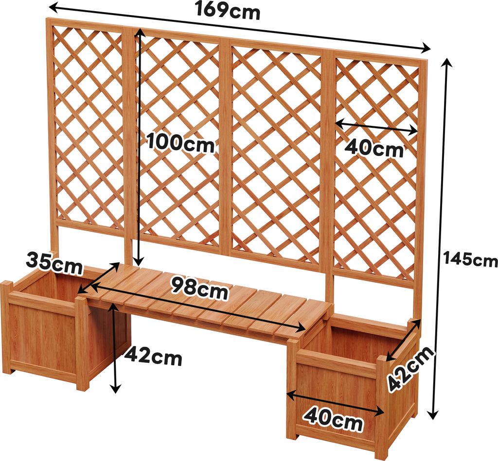 A wooden bench with integrated planters and a trellis, with dimensions labeled.