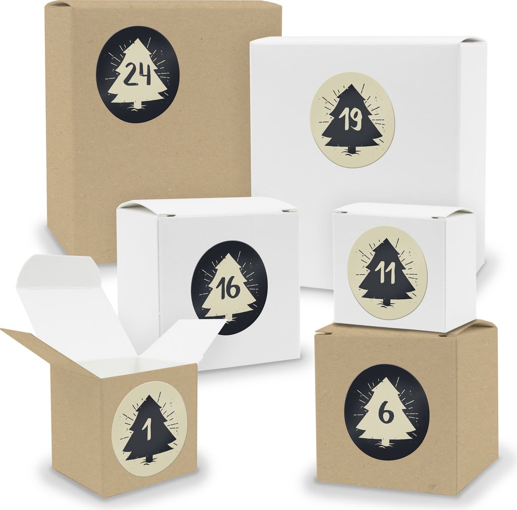 Adventskalender zum Füllen 24x Quader Würfel gemischt WEISS / BRAUN + Sticker (V