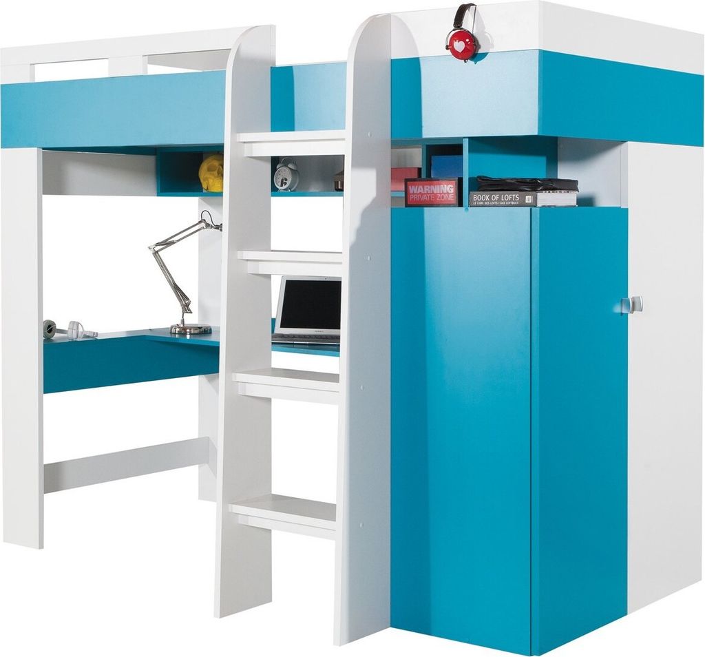 Furniture24 Multifunktionsbett Etagenbett Hochbett Bett MOBI MO20 mit Federkernmatratze, Schreibtisch und Schrank Weiß/Türkis