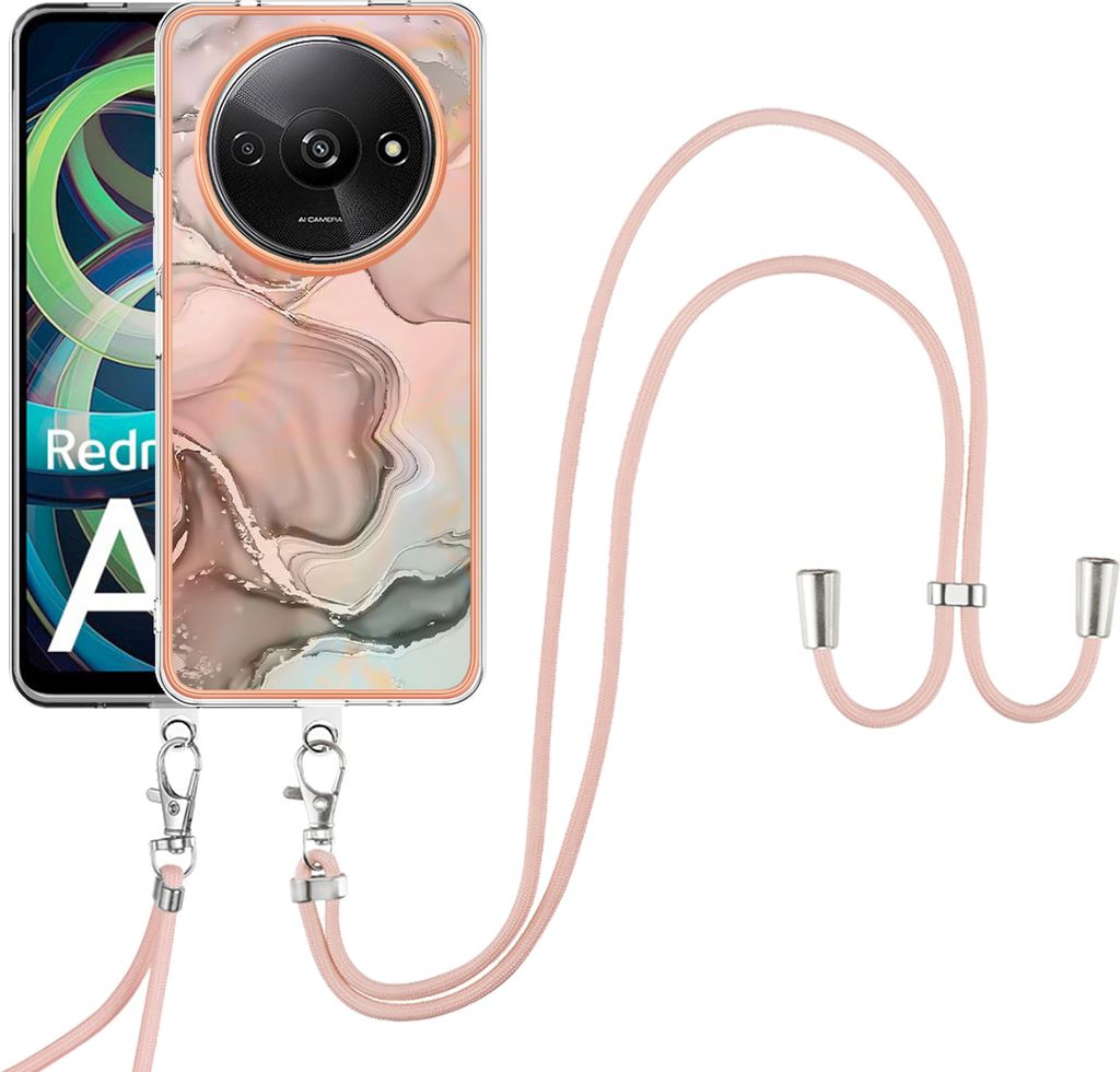 A phone case with a marble pattern and a pink lanyard is shown against a white background.