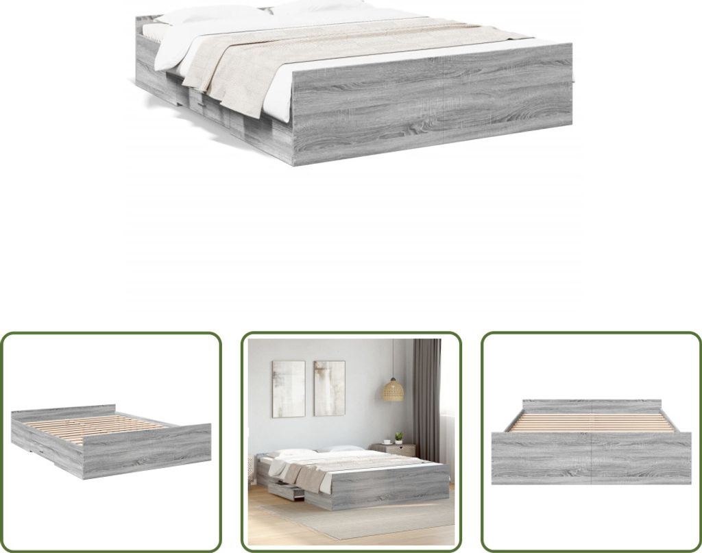 The Living Store Bettgestell mit Schubladen Grau Sonoma 150x200 cm Holzwerkstoff