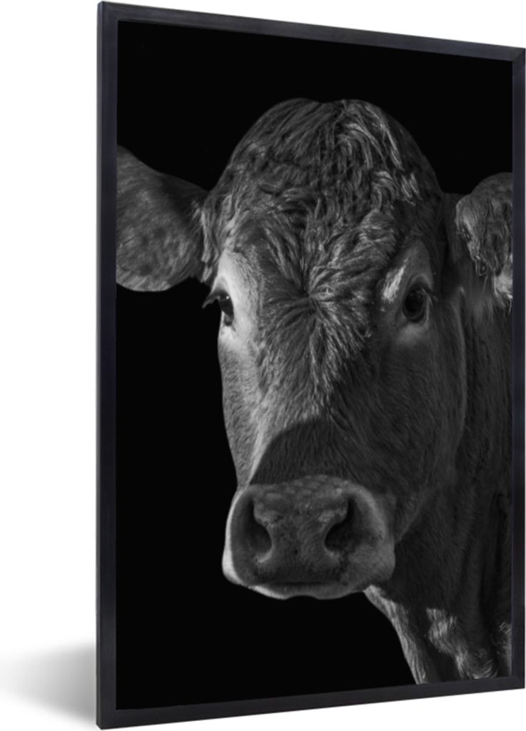 MuchoWow Gerahmtes Poster Kuh - Tiere - Schwarz - Weiß - Porträt 40x60 cm - Poster mit Schwarzem Bilderrahmen Wandposter Rahmen Foto Bilder - P...