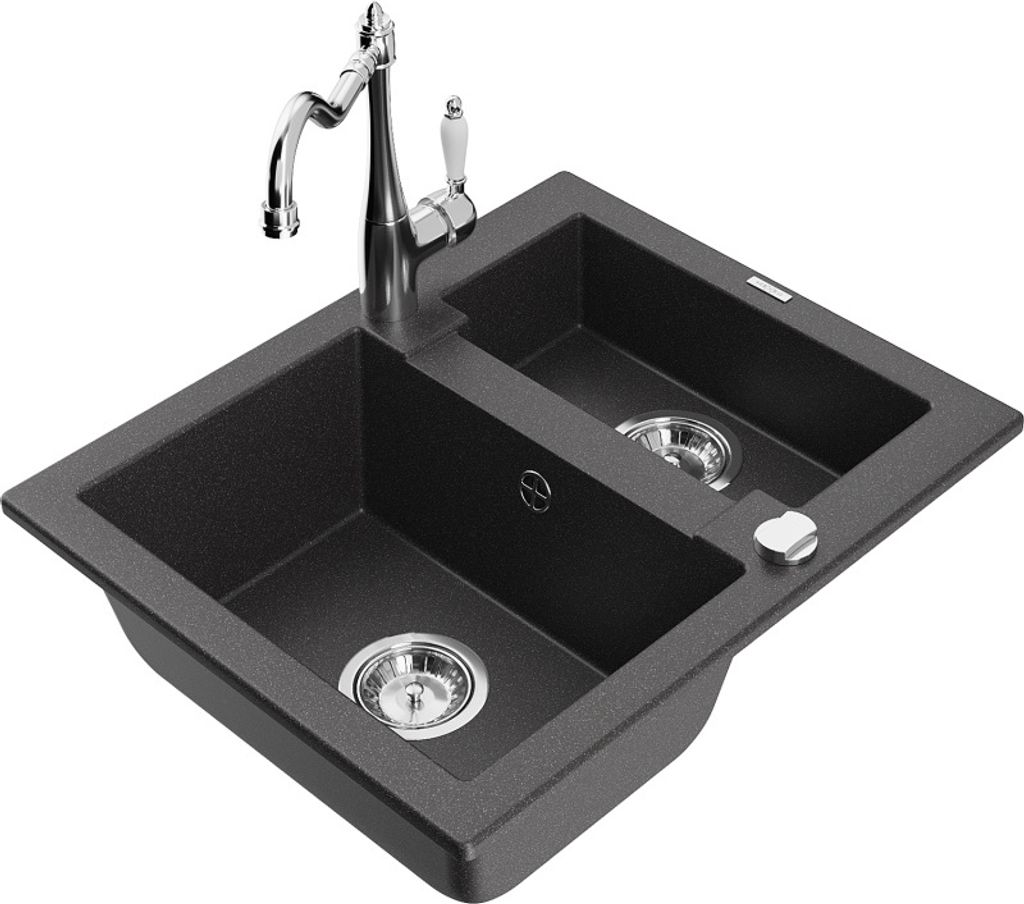 Mexen Carlos 1,5-Becken-Granitspüle mit Mischbatterie Carla, Schwarz gesprenkelt - 6518-76-670700-00