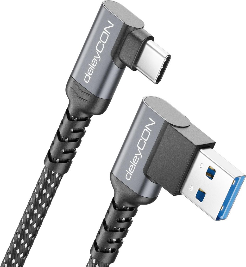 deleyCON 1,5m USB-A auf USB-C Kabel 2x Winkel USB 3.0 5Gbps (USB 3.2 Gen1) 90 Grad - Ladekabel Datenkabel für Smartphone Tablet Notebook Kamera HD...