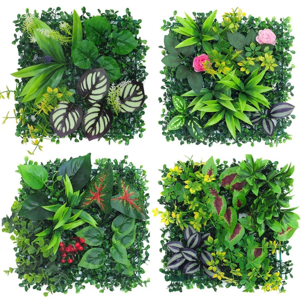 Mur végétal extérieur 25x25 cm lot de 4 avec feuillage artificiel dense
