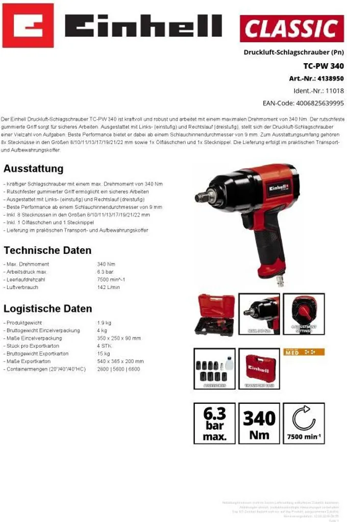 Clé à chocs pneumatique TC-PW 340 Einhell en aluminium robuste - 24