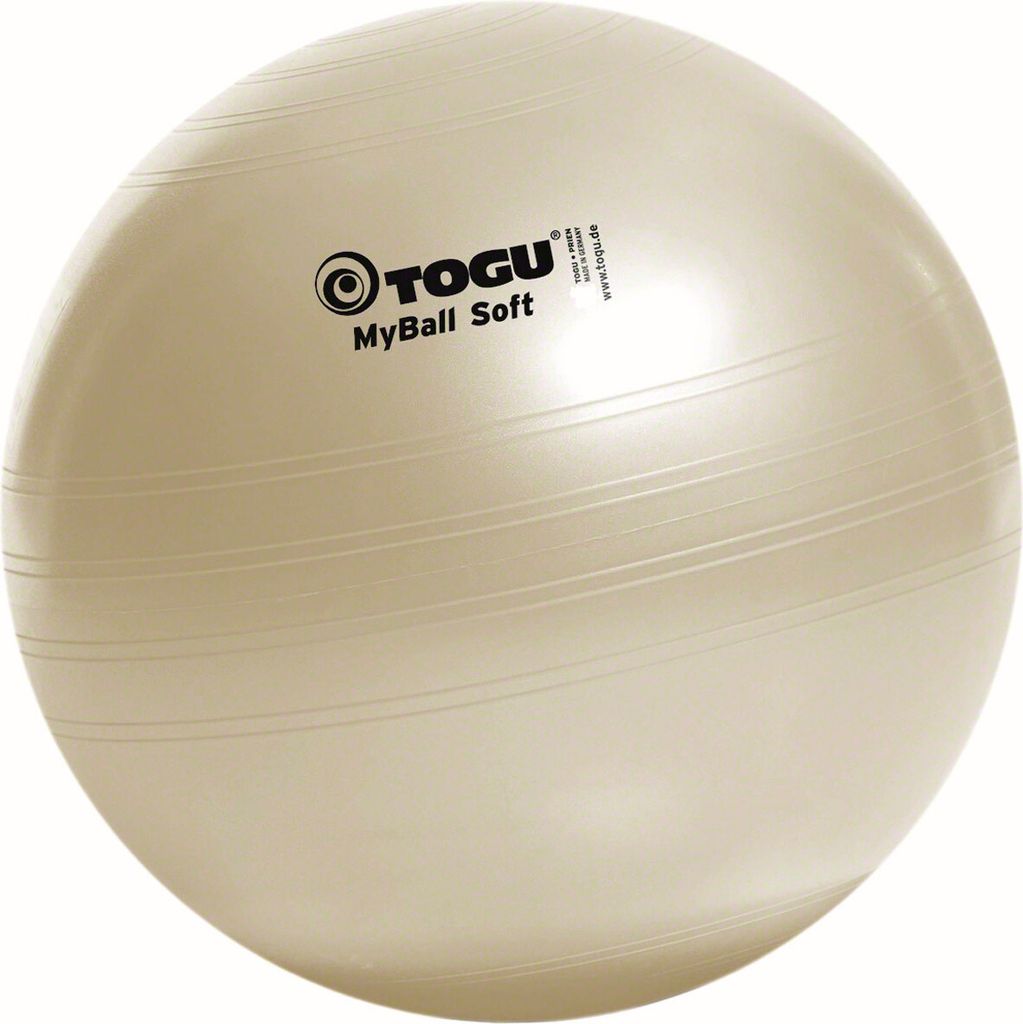 A beige exercise ball with brand and product name printed on it.