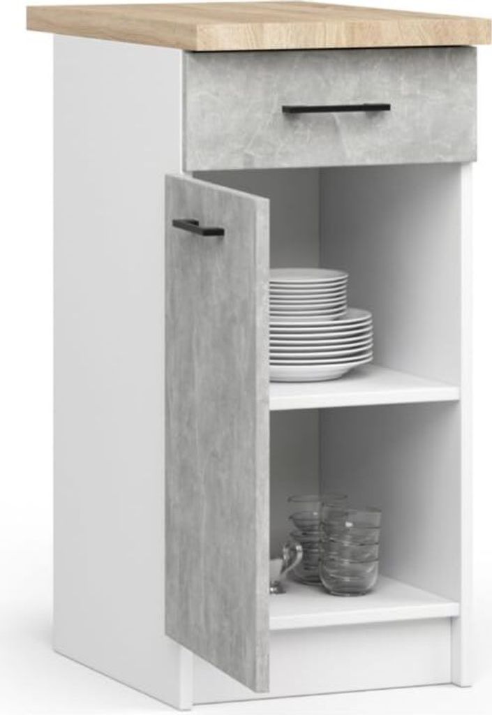 BDW Küchenschrank, Schrank Küche mit Arbeitsplatte, Tür, Schublade, Weiß / Beton