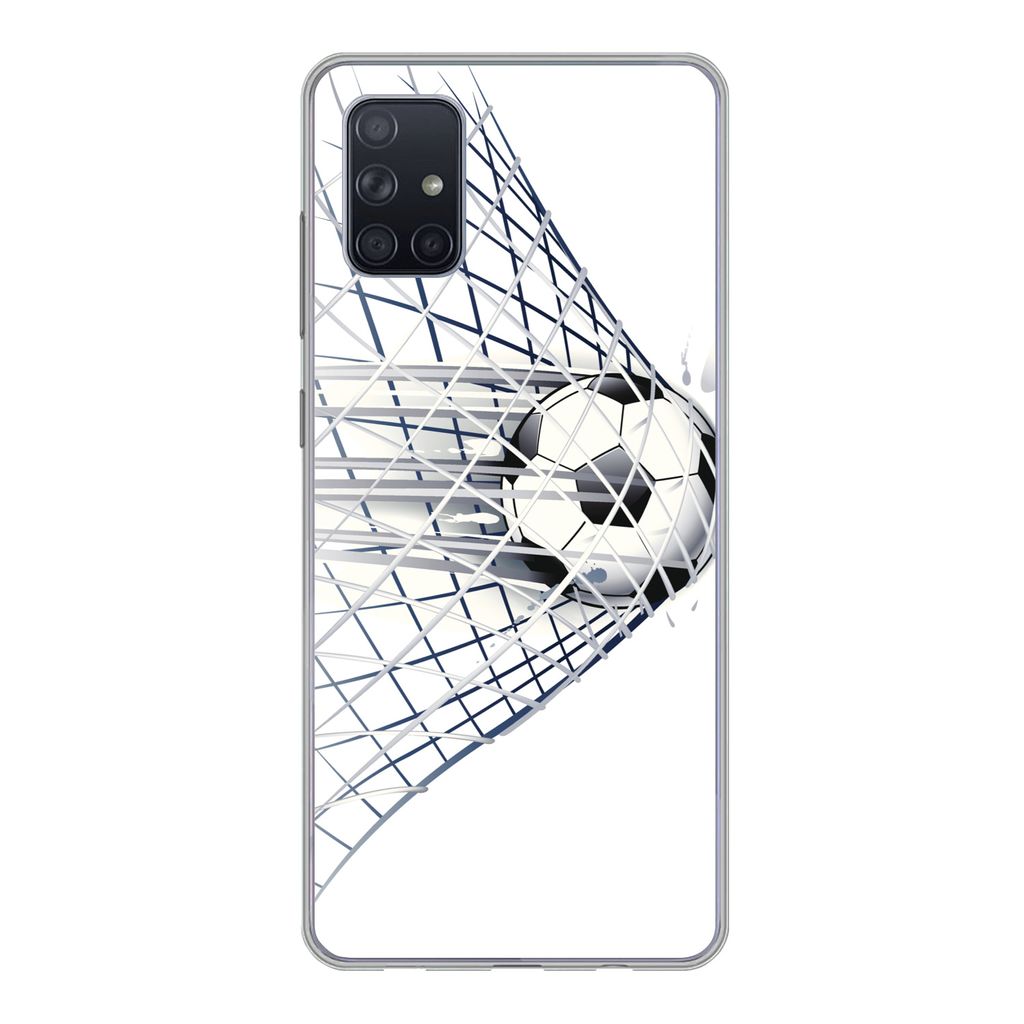 MuchoWow Handyhülle Schutzhülle Hülle für Samsung Galaxy A71 Eine Illustration eines Fußballs, der ins Tor geht - Jungen - Mädchen - Kinder...