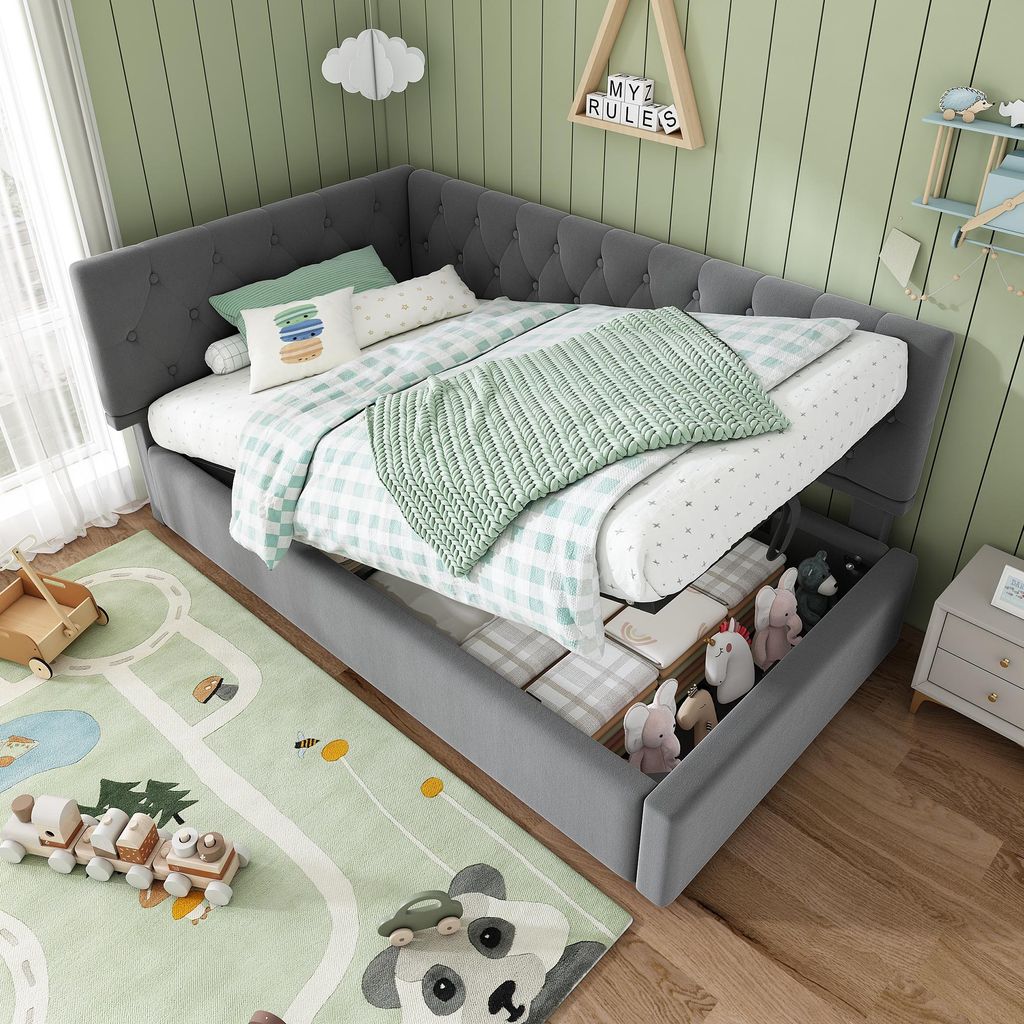 s Tagesbett aus Samt, Kinder- und Jugendbettgestell mit Staufach, inklusive Lattenrost aus Holz, ohne Matratze, 90x190 cm, Grau