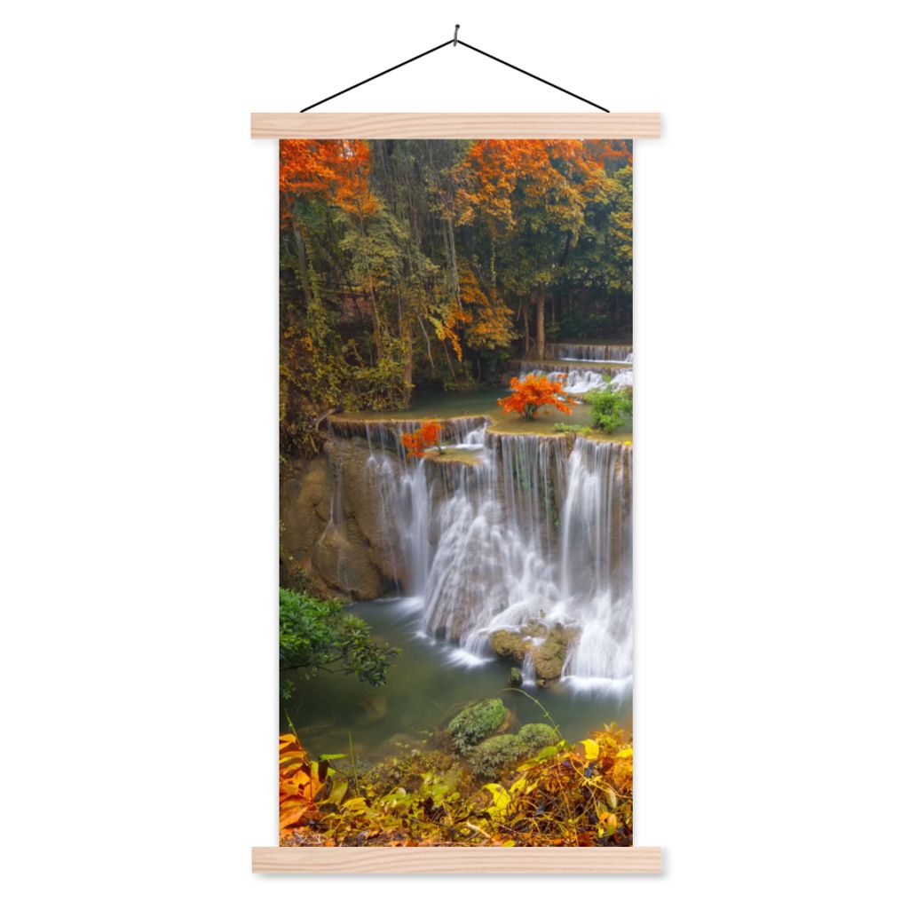 MuchoWow Textilposter Bäume - Wasserfall - Herbst 40x80 cm mit holzfarbenen Rahmen - Wohnzimmer