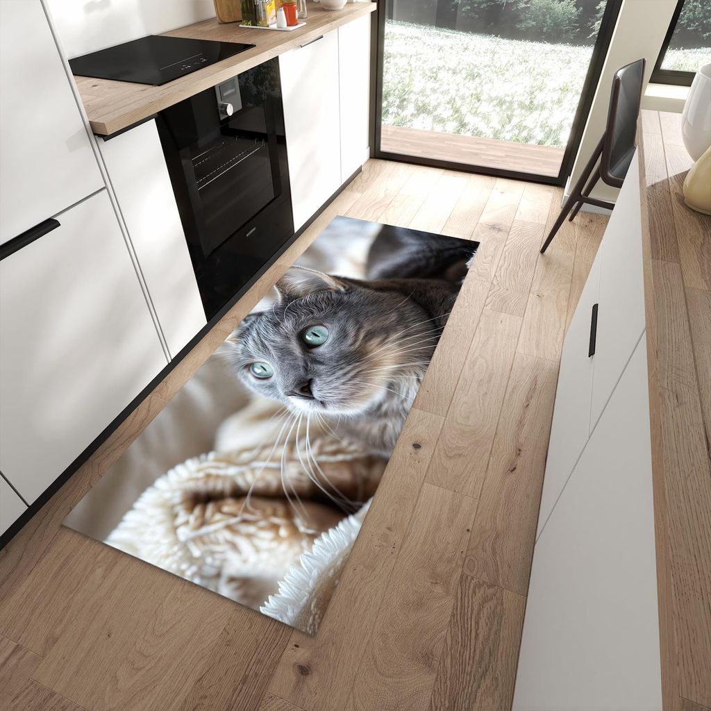 Küchenteppich 80x200cm rutschfest & abwischbar PVC Läufer - Kuschelige Katze