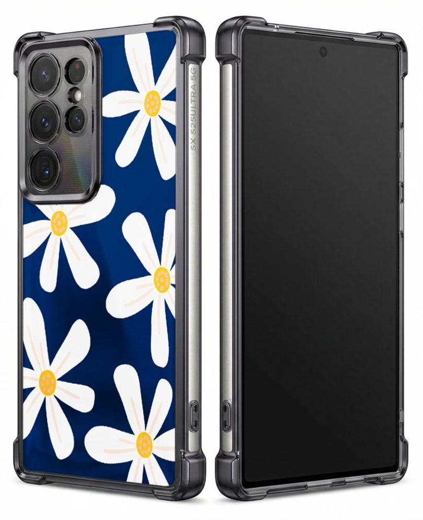 Personalisierte Hülle mit Bild für Samsung Galaxy S23 Elektroplattiert TPU Stoßdämpfer Handyhülle mit Weiße Gänseblümchen auf blauem Hinter...