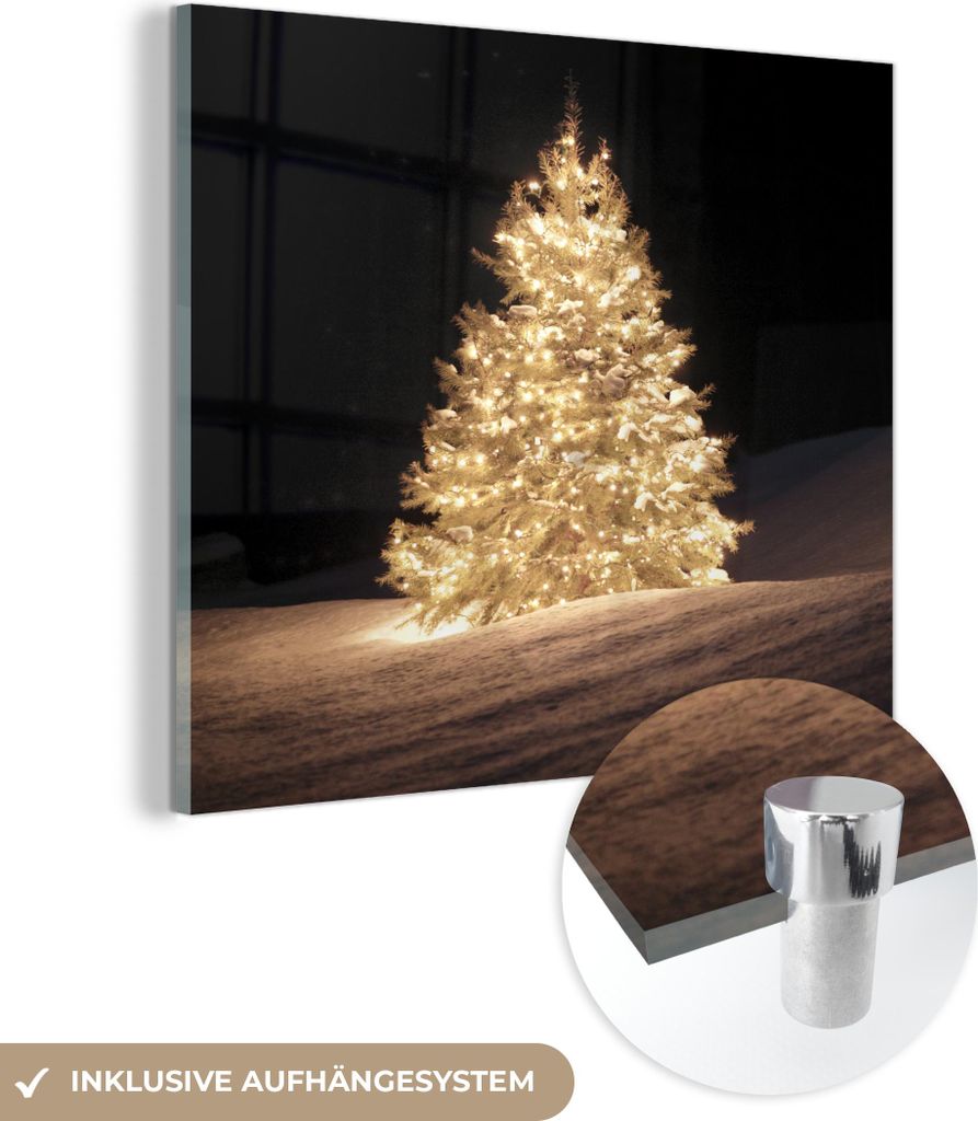 MuchoWow Glasbilder - Bilder auf Wandbild - Foto auf Glas Ein beleuchteter Weihnachtsbaum bei Nacht 20x20 cm Wanddekoration aus Glas - Acrylglasbil...