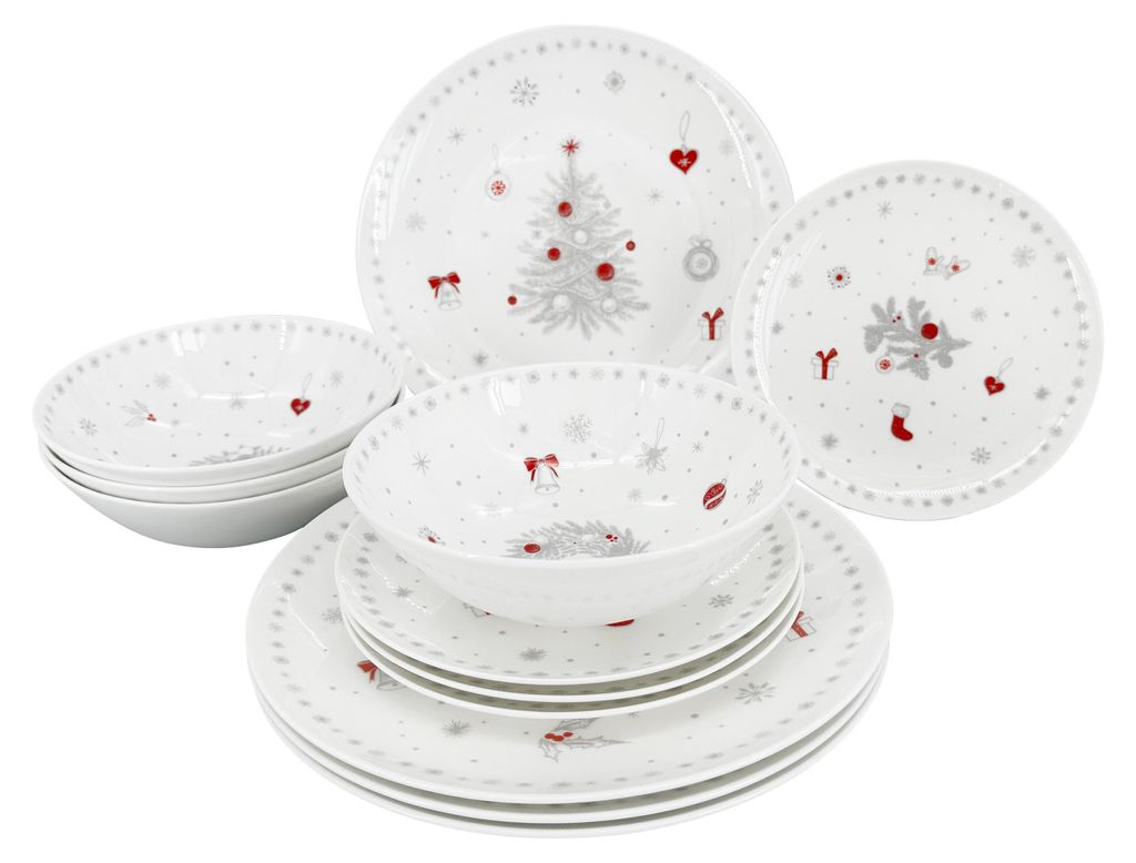 A set of Christmas-themed dinnerware, including plates and bowls, is displayed against a white background.
