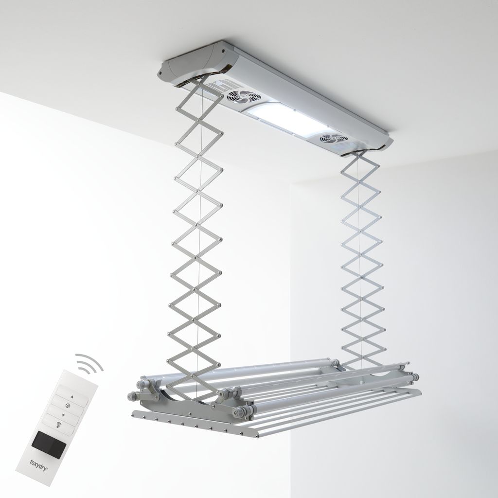 A ceiling-mounted electric clothes dryer with a remote control.
