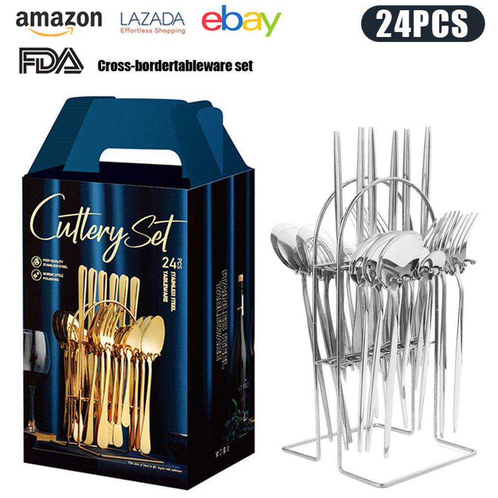 24 Stš¹ck Edelstahl Besteck Set+Aufbewahrungsst?nder Messer Gabel L?ffel Set (silver)