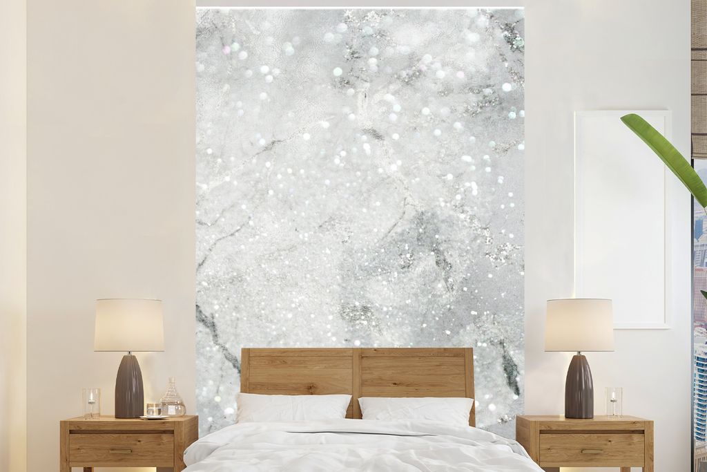 MuchoWow Fototapete für Wohnzimmer oder Schlafzimmer Wandtapete Vinyl Motivtapete Marmor - Glitter - Grau - 155x240 cm - Tapete