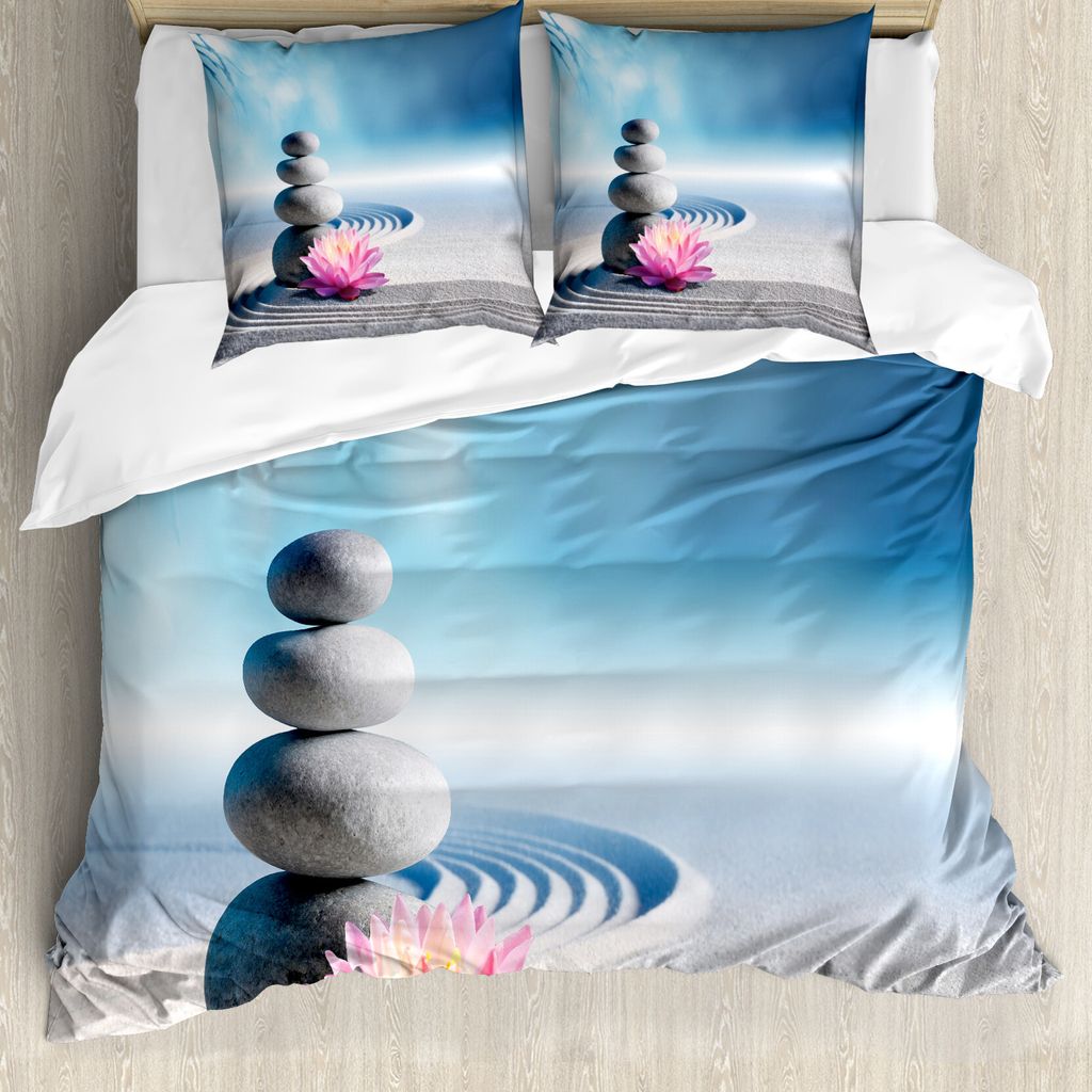 ABAKUHAUS Spa Bettbezug, Meditation Harmony, Milbensicher Allergiker geeignet mit Kissenbezügen, 200 cm x 200 cm - 80 x 80 cm, Grau, Blau, Rosa