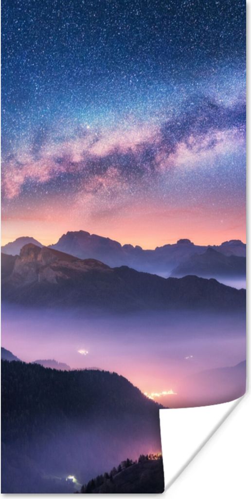 MuchoWow Poster Berge - Sternenhimmel - Nebel 80x160 cm - Kinderzimmer