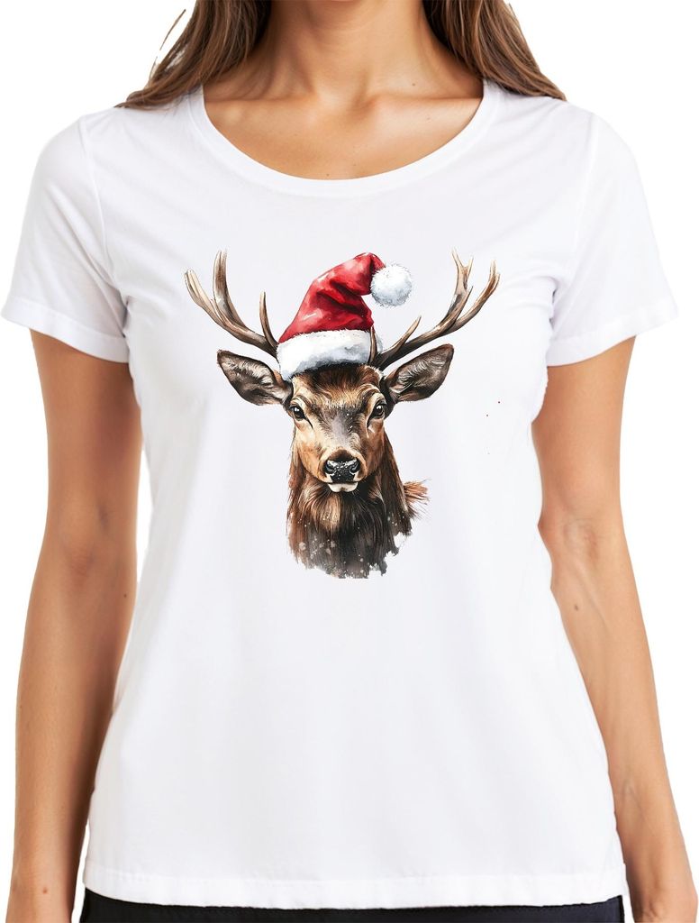 Weihnachtsrentier Geweih Aquarell festlich Vintage Geschenk Damen T-Shirt, Weiß, L