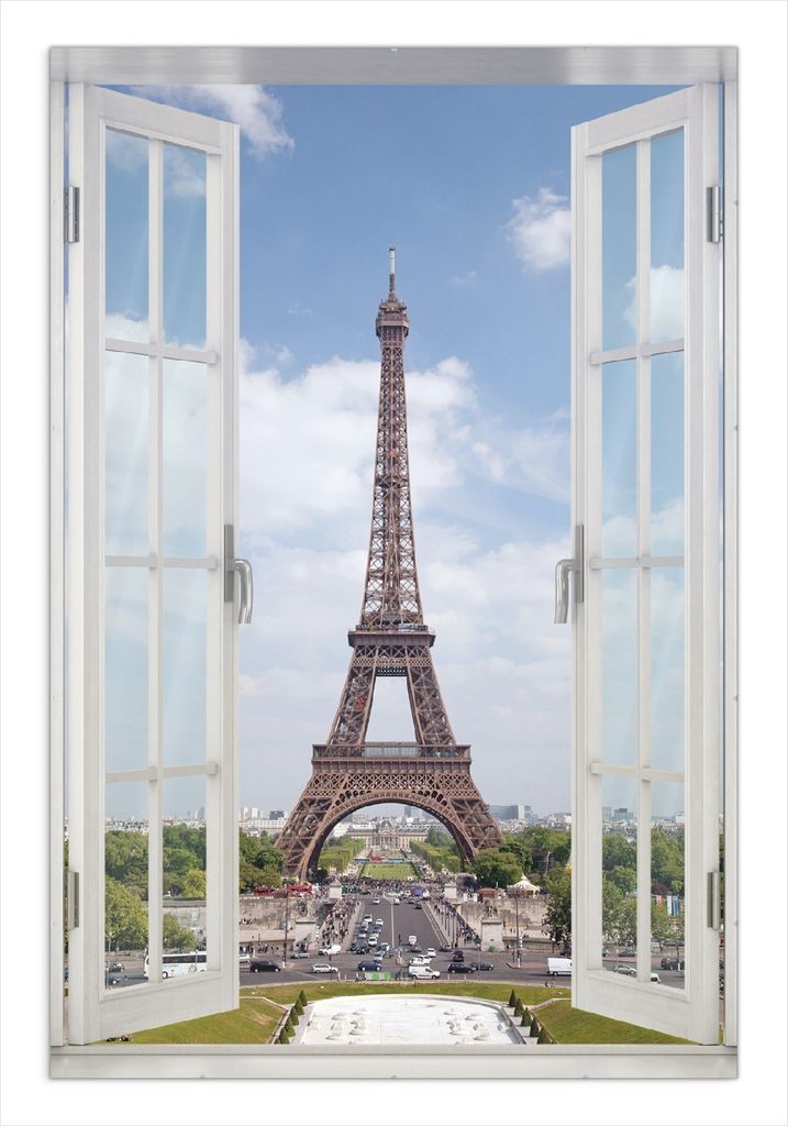 Wallario Wandbild mit Fenster-Illusion: Eiffelturm in Paris, Größe: 61 x 91,5 cm, Poster mit rahmenlosen Bildhalter