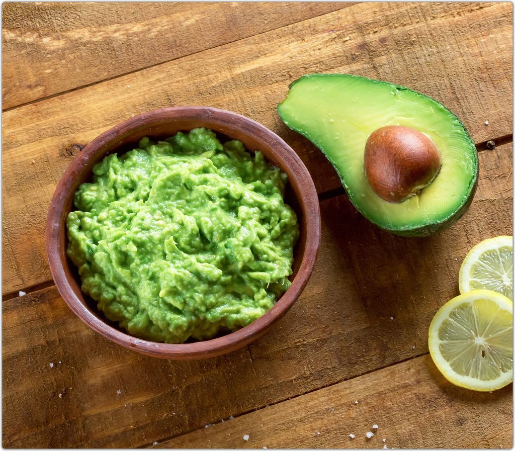 Spritzschutz Herdabdeckplatte Schneidebrett aus Glas Avocado halbiert und Zitrone 1-Teilig (60x52cm)