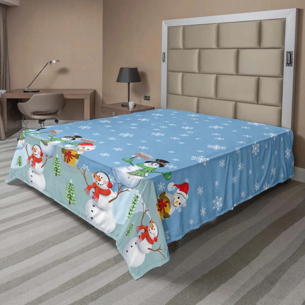 Drap Plat Thème Hiver avec Motifs de Noël et Flocons 244x205 cm Doux