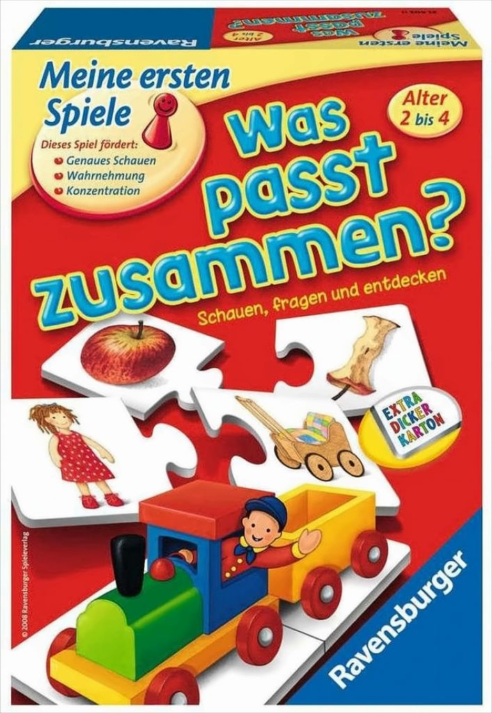 The image shows the packaging of a children's board game. The packaging is red and features colorful illustrations of puzzle pieces, a train, and children. Text on the packaging describes the game's title, age range, and benefits.