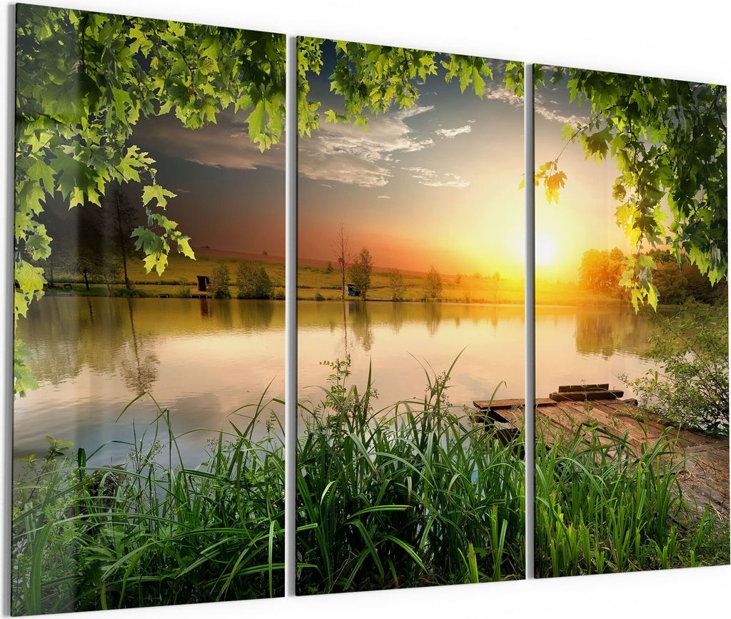 DEQORI Glasbild Echtglas 3x50x100 cm 'Ruhender See am Abend' Wandbilder XXL groß