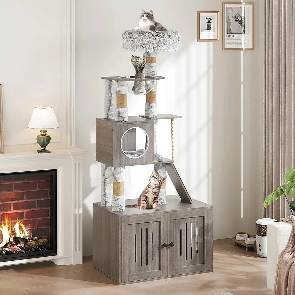Arbre à chat multi-niveaux avec bac à litière intégré modèle XL Gris