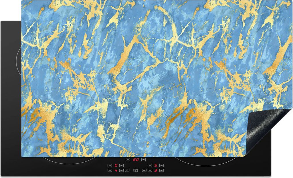 KitchenYeah Herdabdeckplatte Marmor - Gold - Blau , 91x52cm, Küche Deko, Glaskeramikfeld Herdabdeckung, Abdeckplatte fùr Kochfeld