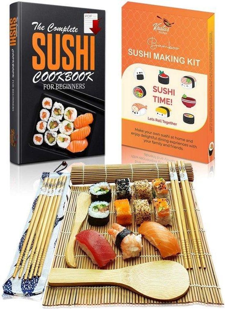 Sushi-Koch-Kit für Einsteiger mit Holz-Rollenbrett - Erstellen Sie Ihre eigene Sushi zu Hause - Vollständiges Kit 2 Matten, 5 Paar Holzstäbchen ...