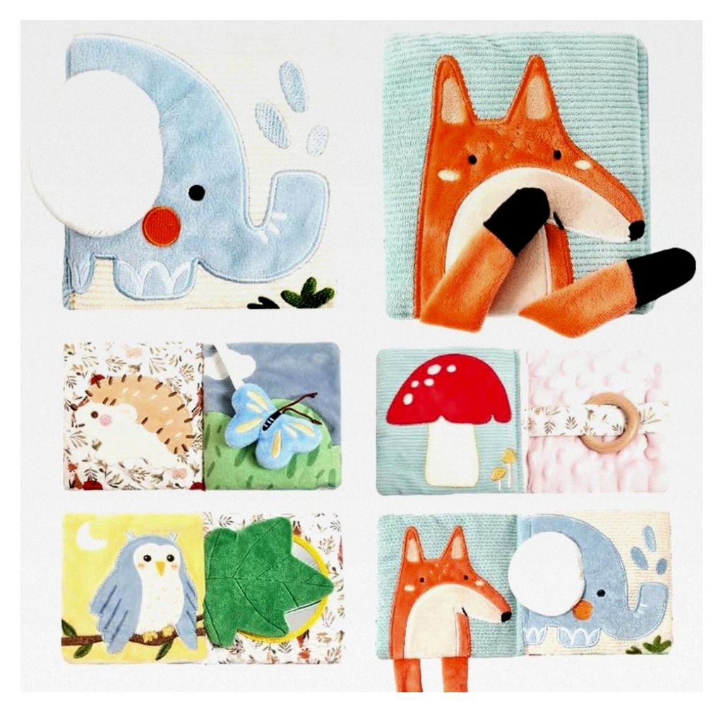 Stoffbuch für Babys mit Spiegel, Spielzeug für 0-6 Monate, sensorisches Fühlbuch - Interaktives Knisterbuch für Neugeborene - Elefanten