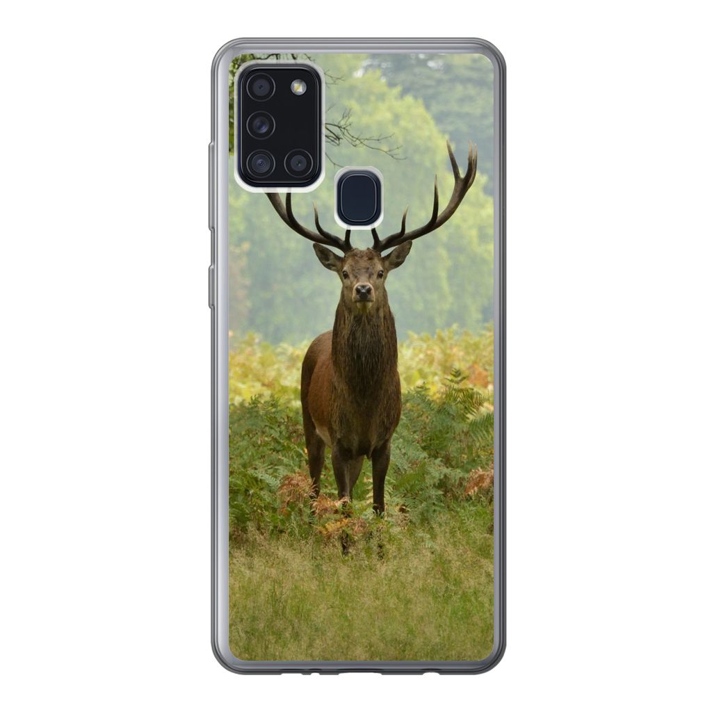 MuchoWow Handyhülle Schutzhülle Hülle für Samsung Galaxy A21s Rothirsch - Natur - Grün Silikon Softcase Handy Hülle - Hartschale