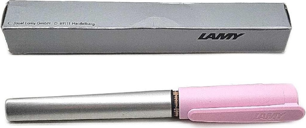 A pink and silver LAMY fountain pen with its packaging box.