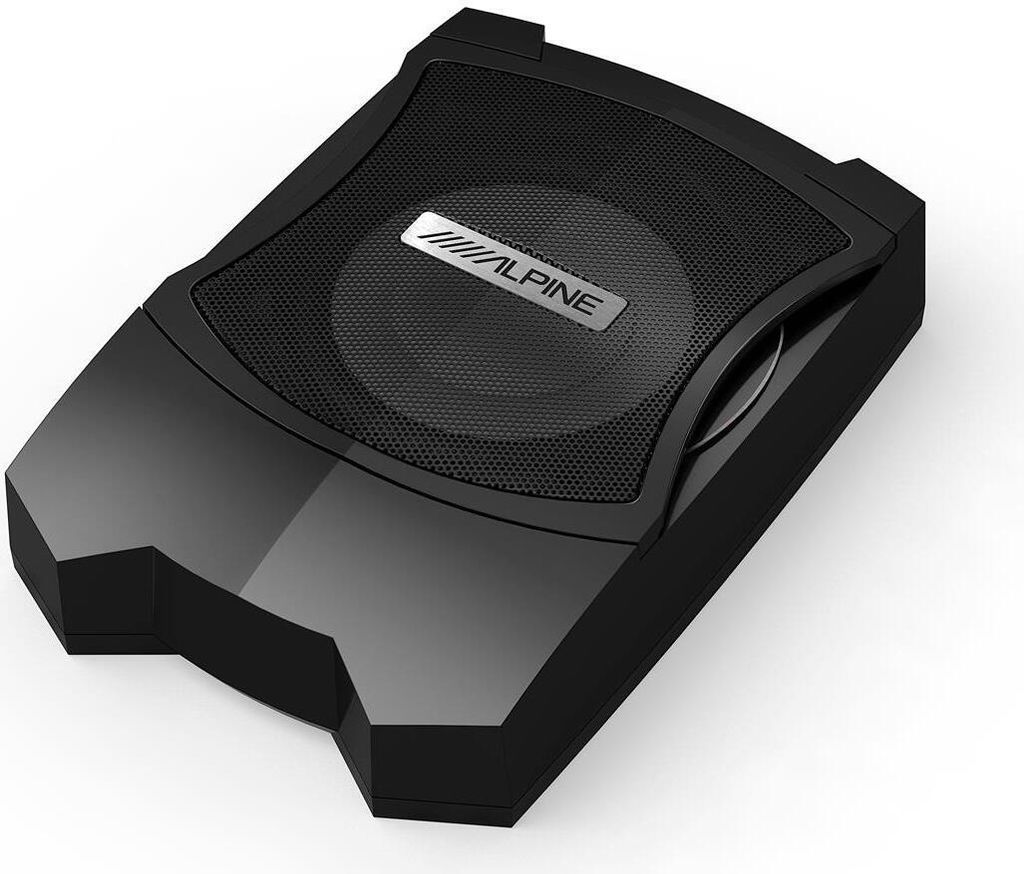 A black Alpine PWE-V80 active subwoofer is shown from a slightly elevated angle against a white background.