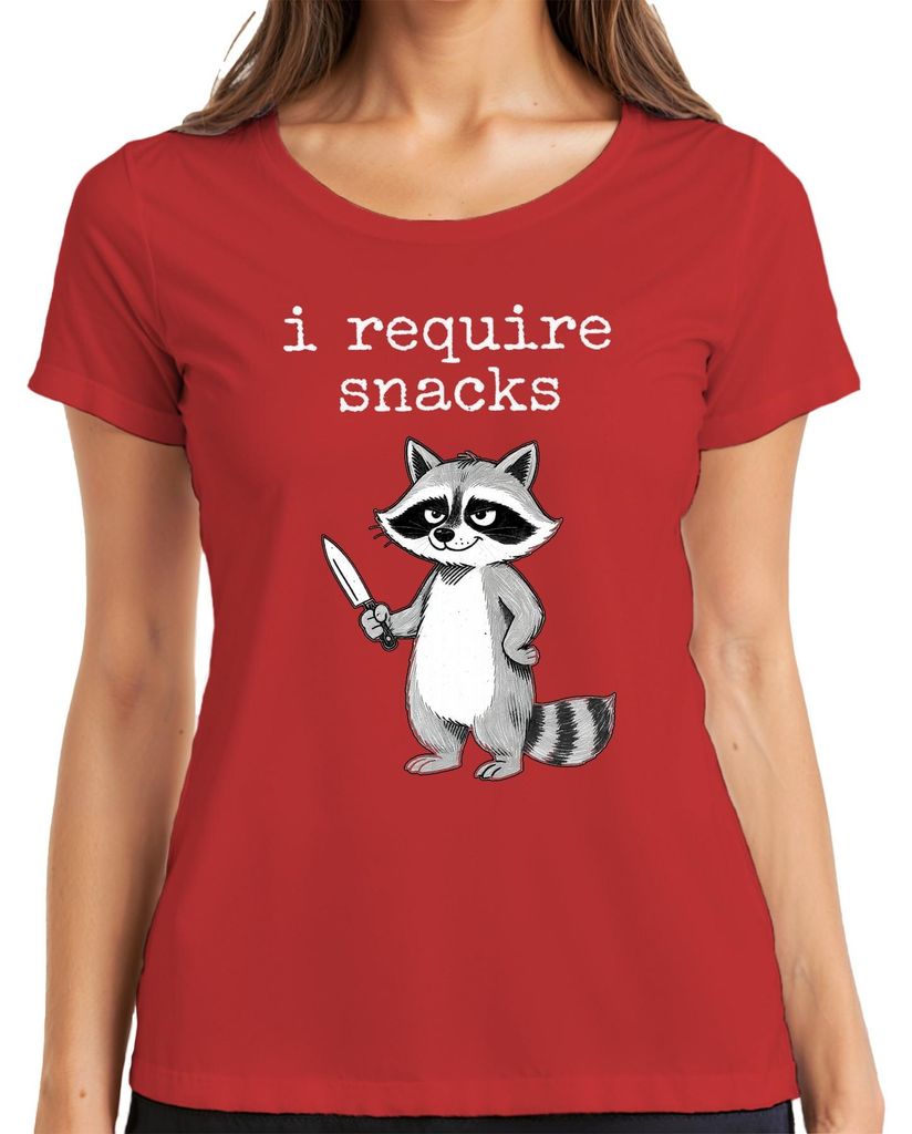 i require snacks Waschbär Messer frech lustig Halloween Geschenk Damen T-Shirt, Rot, XL