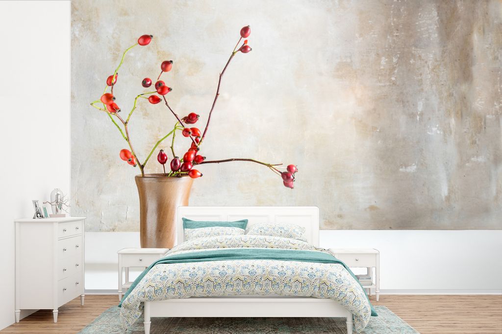 MuchoWow Fototapete für Wohnzimmer oder Schlafzimmer Wandtapete Vinyl Motivtapete Hagebutte - Stilleben - Rot - 330x220 cm - Fototapeten