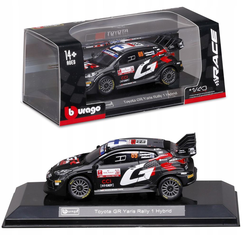 Bburago 1:43 Race Toyota GR Yaris Rally1 Hybrid Nr. 69 (Rovanpera) – in dekorativer Box