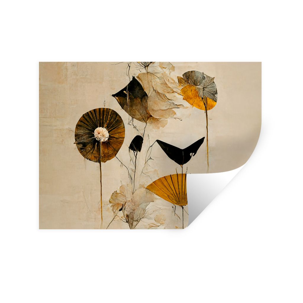 MuchoWow Wandtattoo Wandsticker Wandaufkleber Blumen - Vintage - Pflanzen - Gold 120x90 cm Selbstklebend und Repositionierbar - Aufkleber