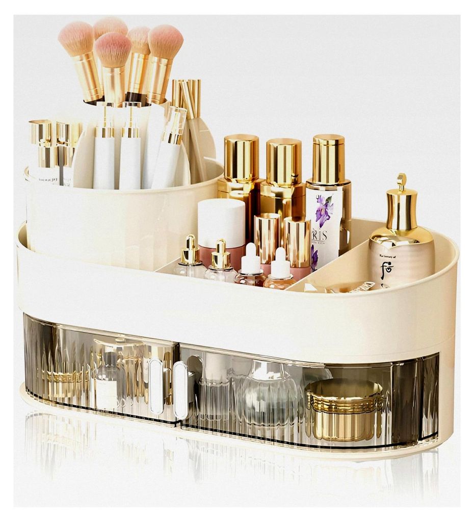 Kosmetik Organizer mit 1 Schublade, drehbar und mit 360° drehbarem Make-up Pinselhalter für Schlafzimmer und Bad