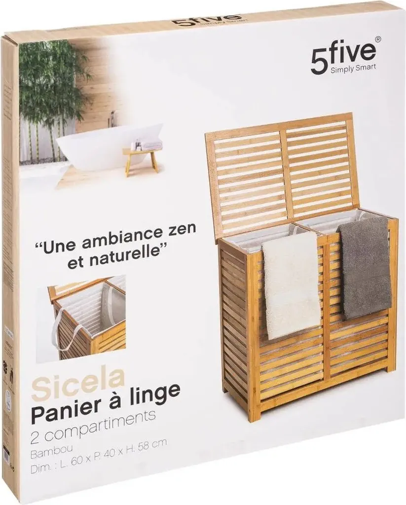 Corbeille à linge double compartiment en bois de bambou Sicela 50L